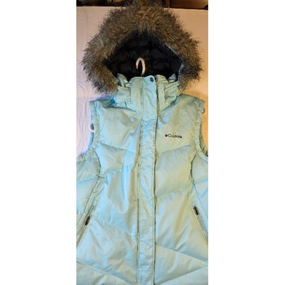 Columbia Omni-Heat Down Puffer Vest Blue Faux Fur Hood Womens XL